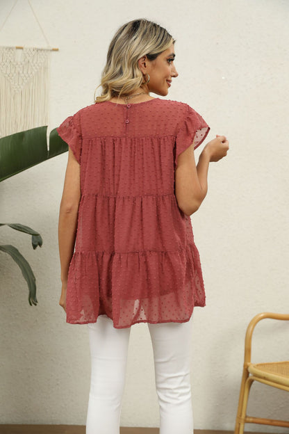 Swiss Dot Round Neck Tiered | Blouse