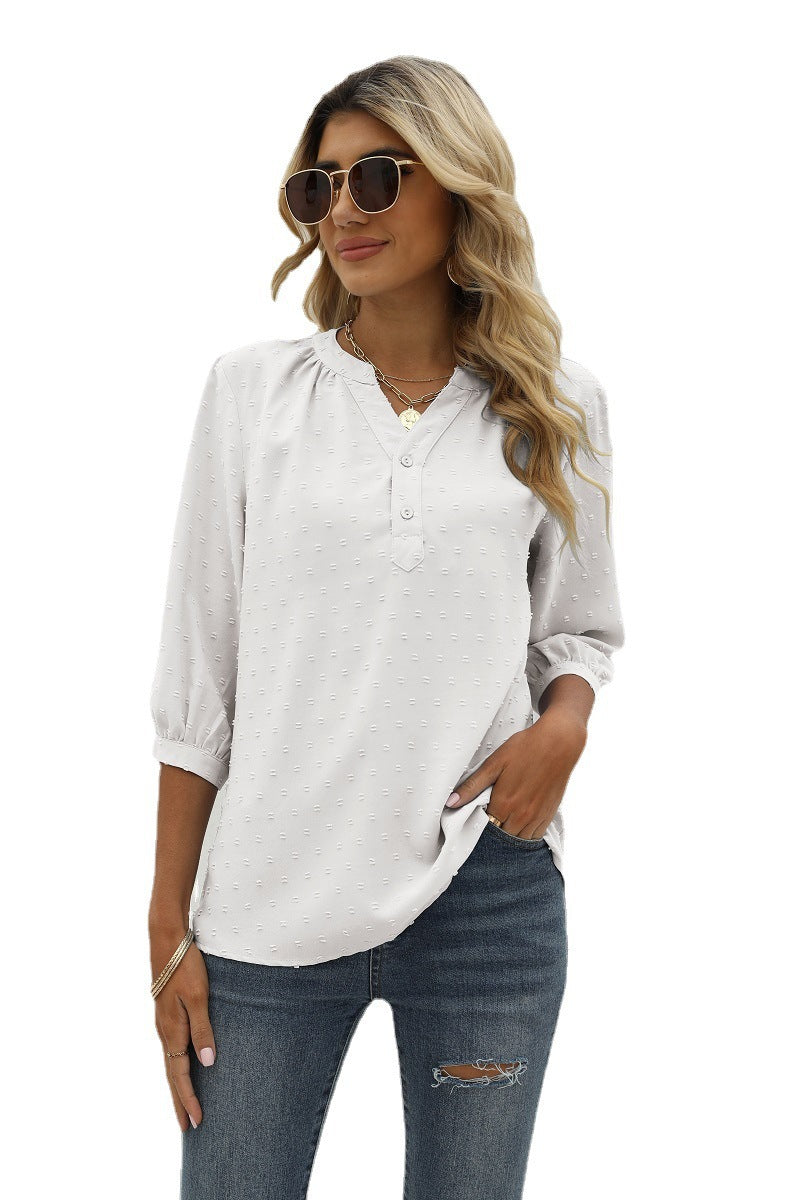 Swiss Dot Notched Neck Three-Quarter Sleeve | Blouse