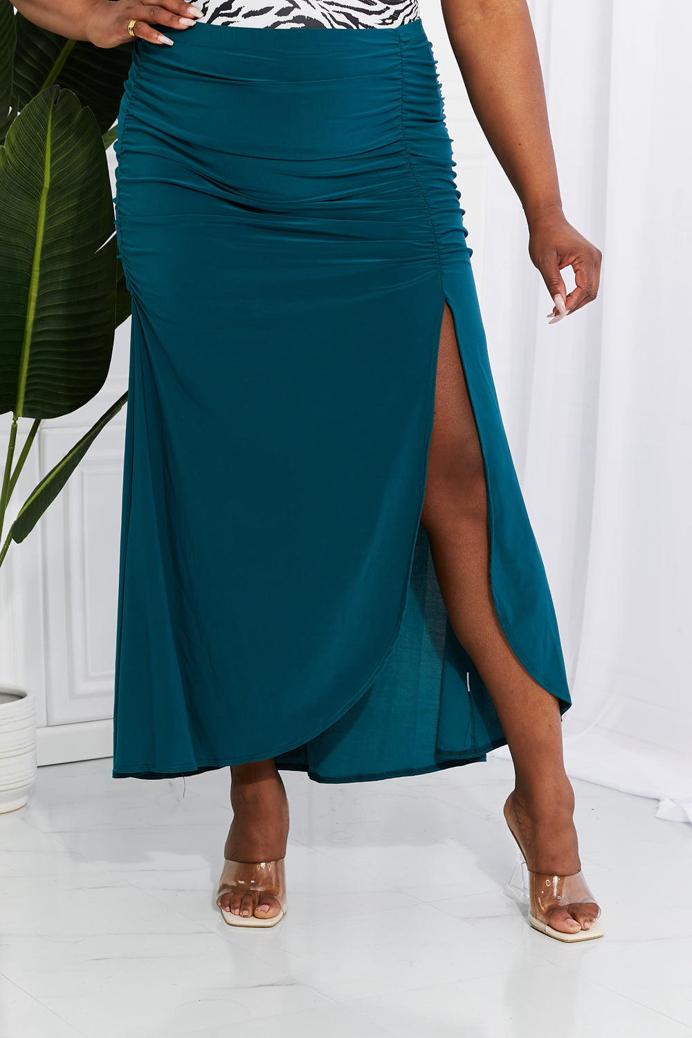 Up and Up Ruched Slit Maxi in Teal | Skirt