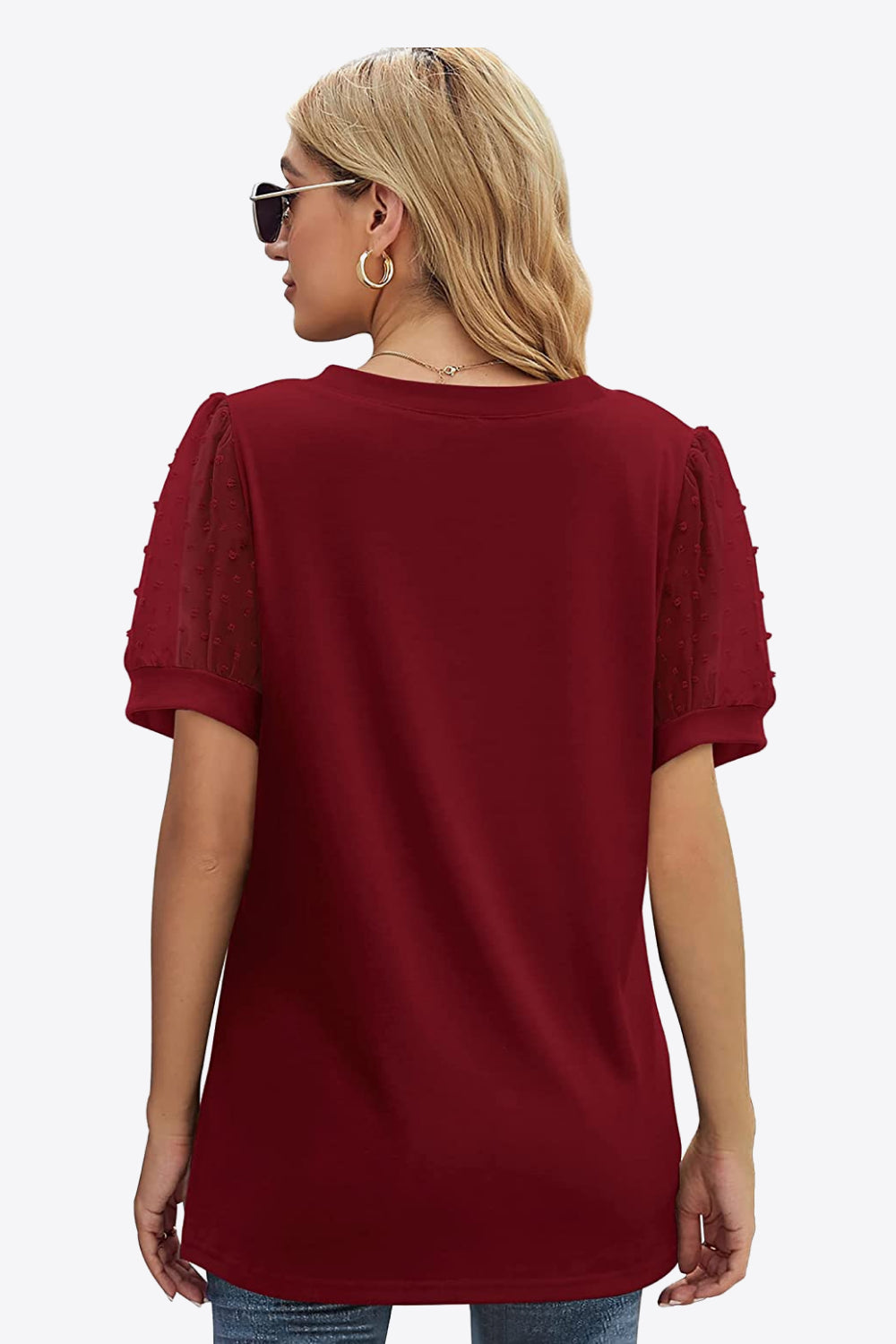 Swiss Dot Puff Sleeve V-Neck | Tee