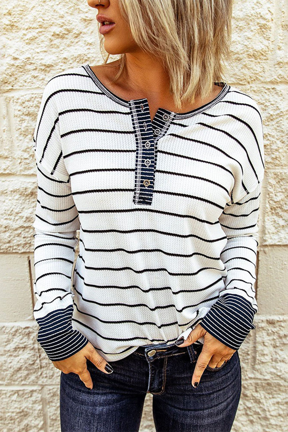 Striped Waffle Knit Henley Long Sleeve | Top