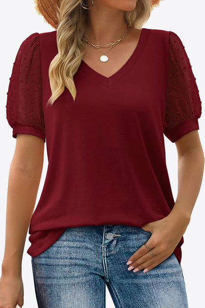 Swiss Dot Puff Sleeve V-Neck | Tee