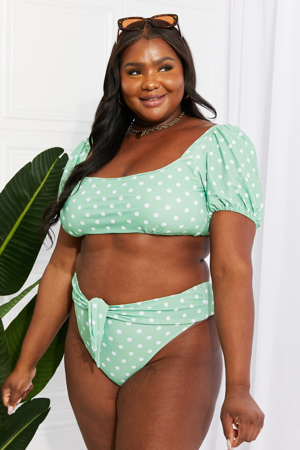 Dotty Green Puff Sleeve | Bikini