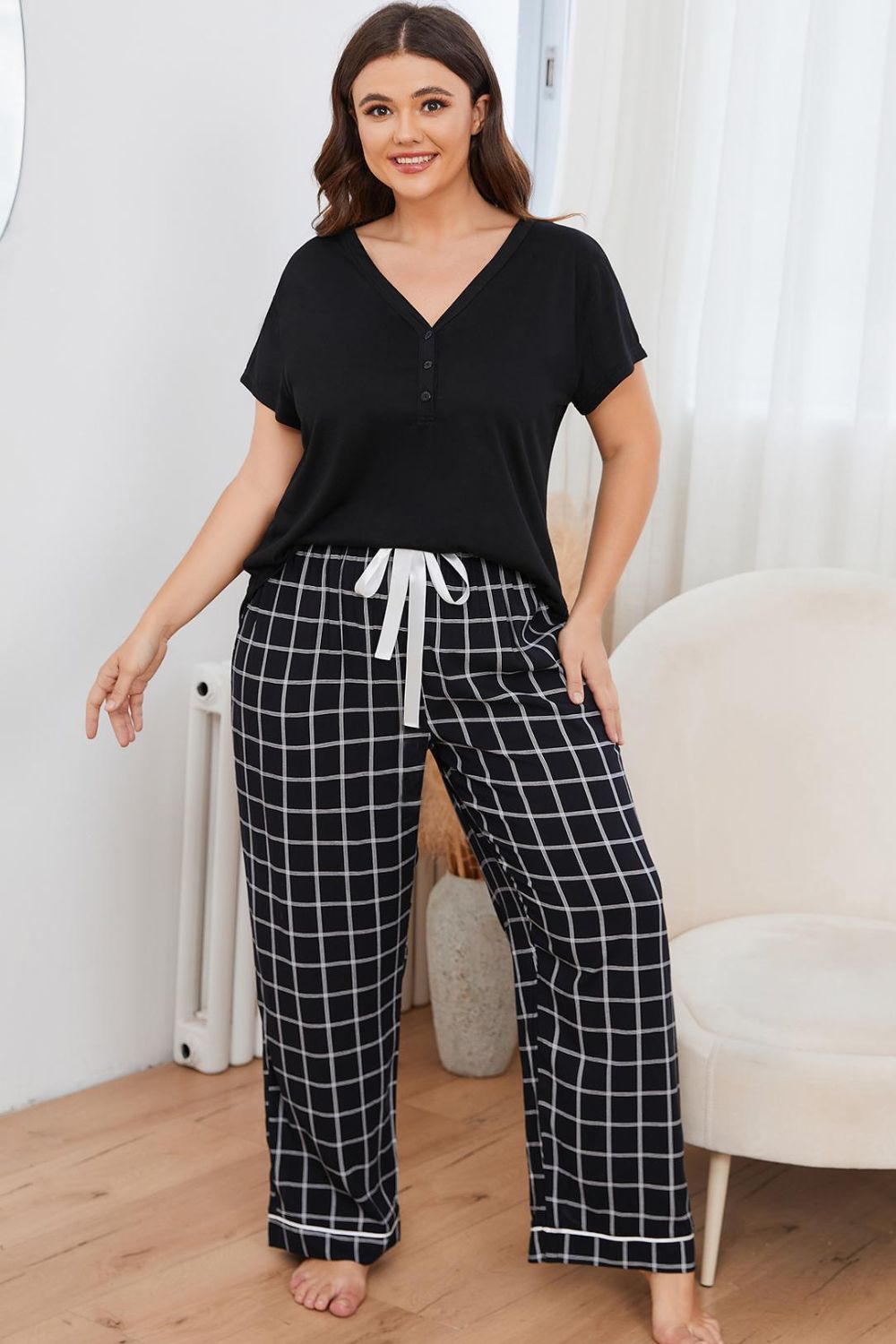 V-Neck Top + Plaid Pants | Lounge Set