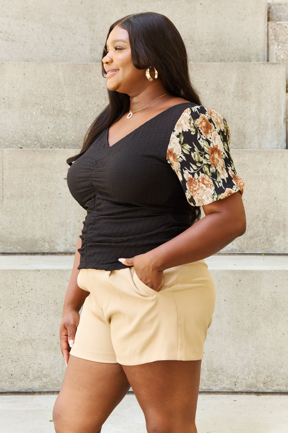 Floral Print Textured Sleeve Knit | Top