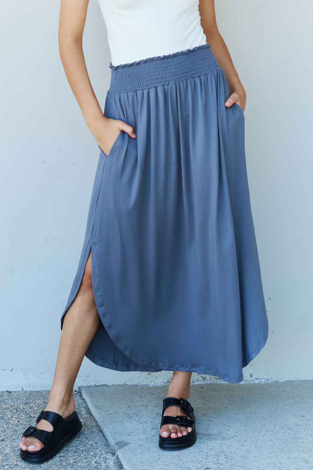 Dusty Blue High Waist Scoop Hem | Maxi Skirt