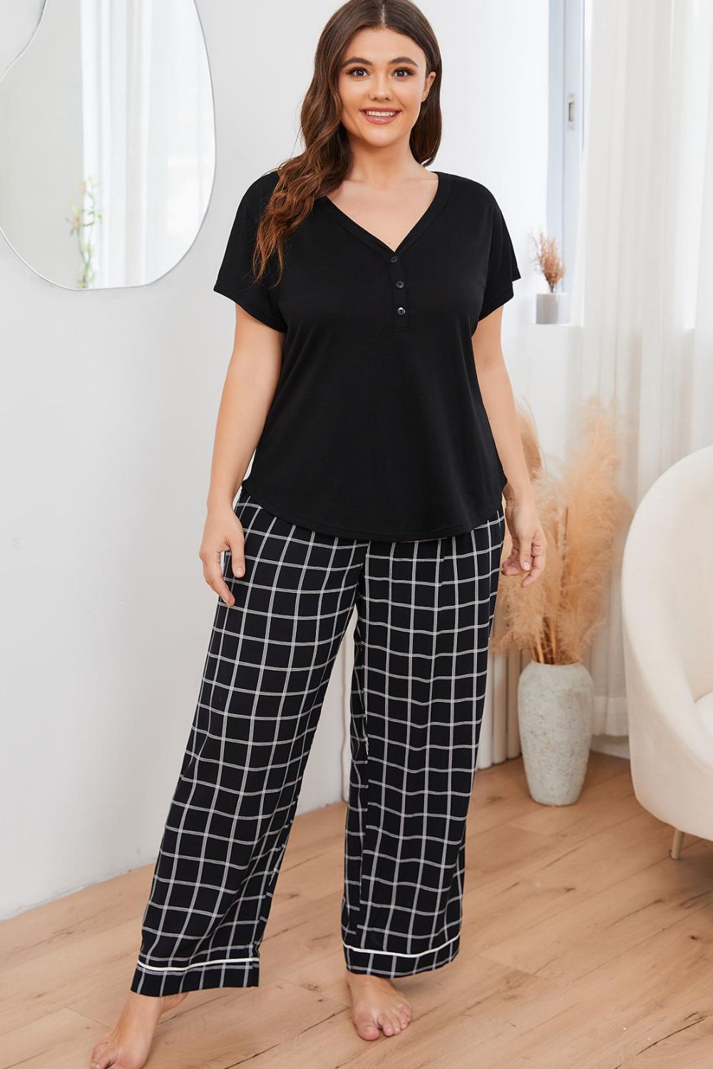 V-Neck Top + Plaid Pants | Lounge Set