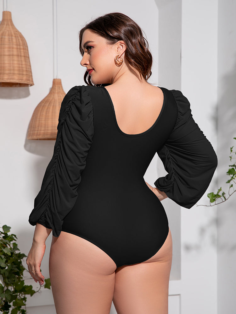 Tied Deep V Balloon Sleeve | One-Piece Swimsuit